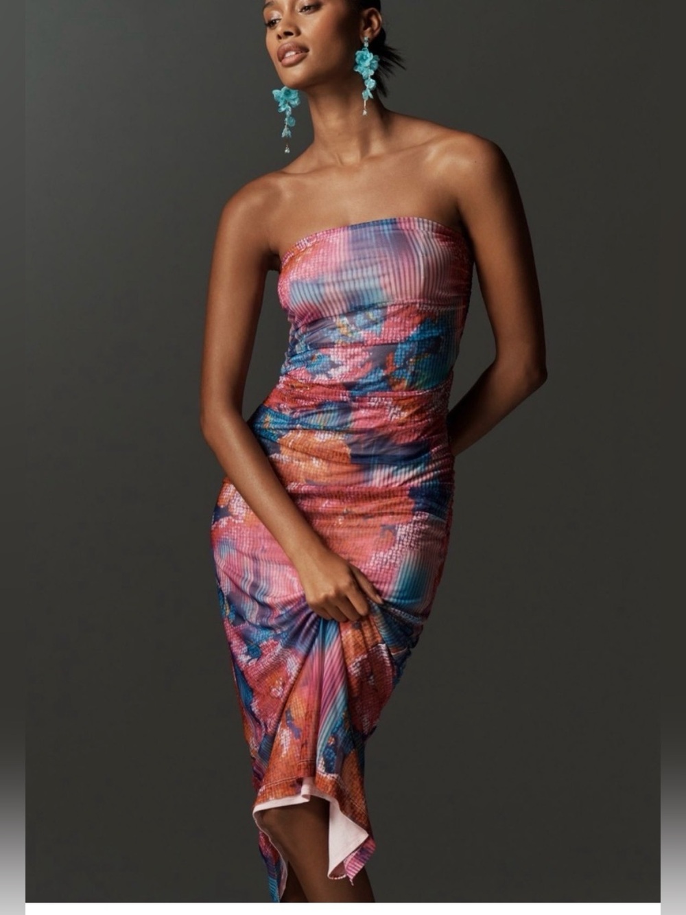 ANTHROPOLOGIE The Soleil Mesh Slim Strapless Ruched Midi Dress